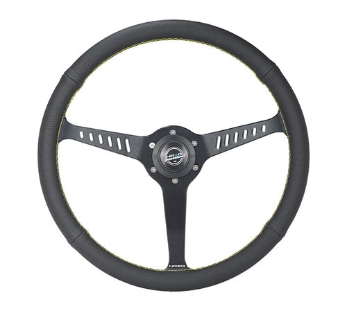 NRG Innovations Reinforced NRG-RST-380-STL-Y Classic Stealth Wheel, 380mm, 3 Spoke Center with Diagnal Slits, 1" Deep Dish with Perforated Leather and Yellow Stitching
