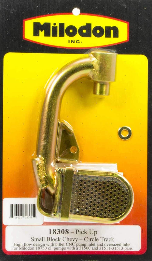 Milodon Oil Pump Pickup, Press/Bolt-On, Oval Track, Small Block Chevy, 7-5/8 in Deep Pan, Each