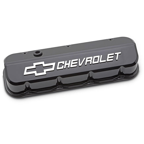 Proform Slant-Edge Valve Cover, Tall, Baffled, Breather Hole, Raised Chevrolet Logo, Aluminum, Black Paint