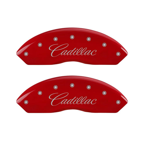 Caliper Covers MGP - Brake Caliper Covers Compatible with 2017-2020 Cadillac XT5, 2020 XT6 (Requires 18"+ Wheels) Powder-Coated Finish, 4 PCS Front and Rear (Red - Cadillac Cursive Engraving)