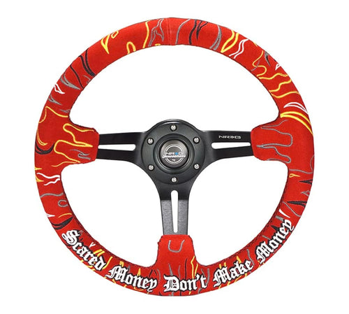 NRG Innovations Reinforced Steering Wheel NRG-RST-018MB-RLR, 3" Deep, 5 mm Black Spoke with Slit Spokes, Red Alcantara, Red Stitching