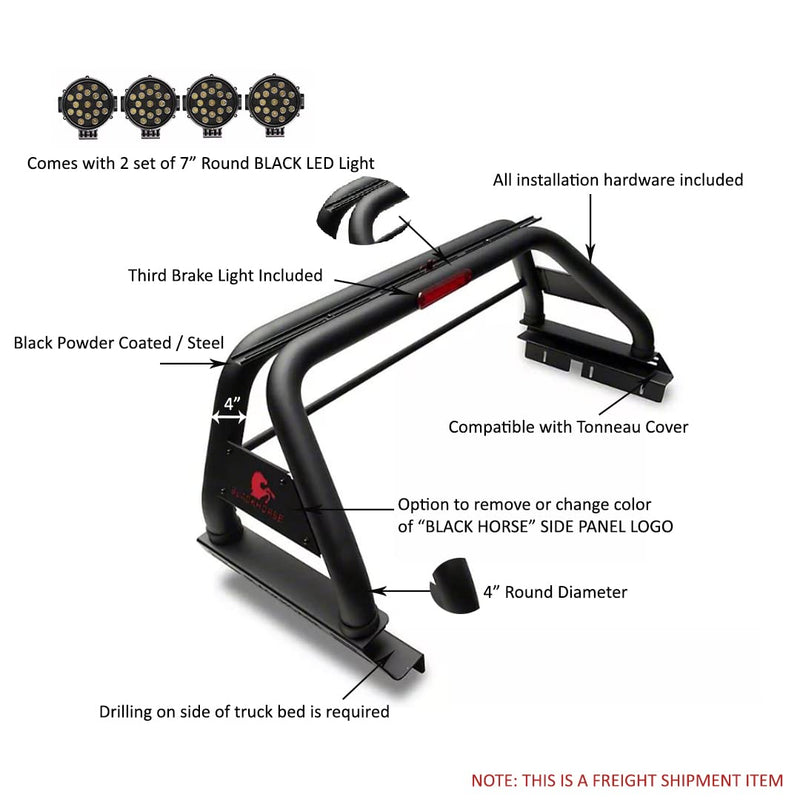 CLASSIC Black Horse Roll Bar incl. pair of 7.0"Dia. LED Lights w/Black Trim Rings Black Compatible with 2020-2024 Jeep Gladiator-RB09BK-PLB