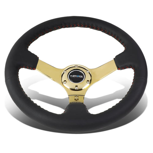NRG Innovations Reinforced NRG-RST-036GD Steering Wheel - 350mm Sport Steering Wheel (3' deep) Black Leather with Red Baseball Stitching - Chrome Gold Spoke