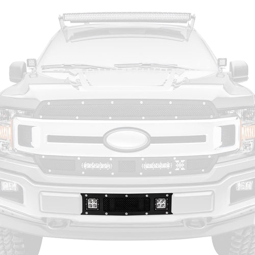 T-Rex Grilles Torch Bumper Grille 2018-2020 F-150 Limited, Lariat, Black, 1 Pc, Replacement, Chrome Studs with (2) 3 Inch LED Cube Lights - PN #6325791