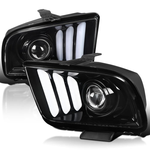 Jet Black SPEC-D TUNING Projector Headlights w/LED Light Bar Compatible with 2005-2009 Ford Mustang, Left + Right Pair Headlamps Assembly