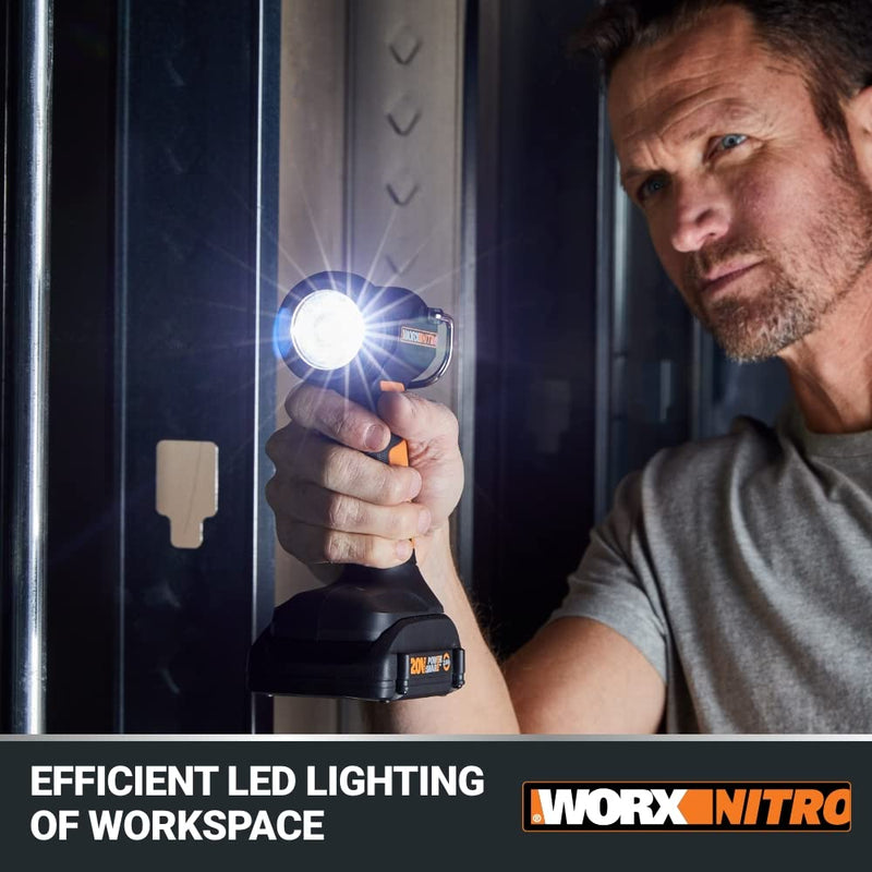 20V WORX Nitro LED Work Light PowerShare, 160/350 Lumens Portable Light, LED Flashlight with Flexible Pivoting Head WX025L.9 – Tool Only