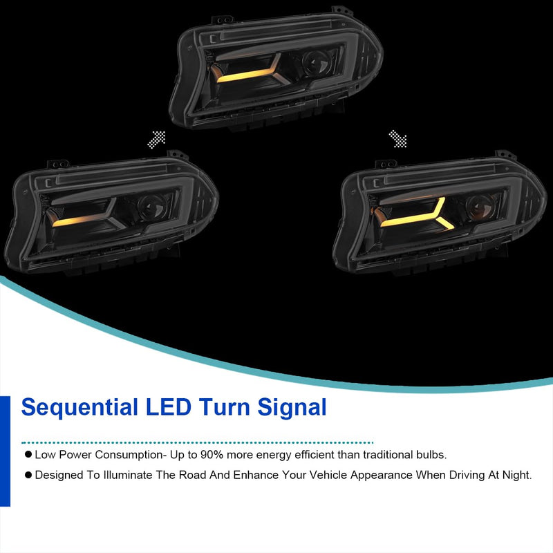 Jet Black LED Projector Headlights SPEC-D TUNING w/Sequential Turn Signal Compatible with 2015-2023 Dodge Charger with factory halogen headlights
