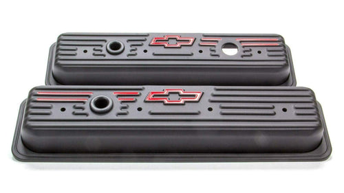 ProForm Short Valve Cover, Baffled, Breather Hole, Bowtie Logo, Steel, Black Crinkle, Center Bolt, Small Block Chevy, Pair