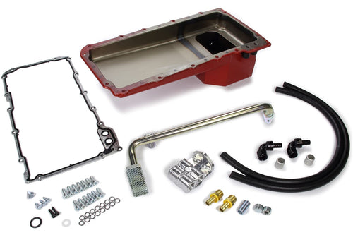 LS SWAP OIL PAN/FILTER RELOCATION KIT - TRANS-DAPT PERFORMANCE; SINGLE FILTER; HORIZONTAL PORT, RED PAN (0176)