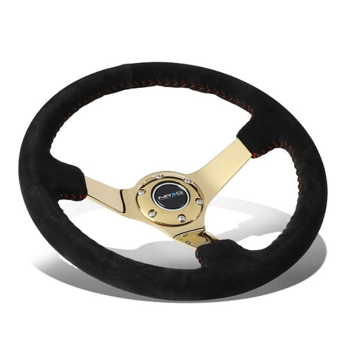NRG Innovations Reinforced NRG-RST-036GD-S Steering Wheel - 350mm Sport Steering Wheel (3' deep) Black Suede with Red Baseball Stitching - Chrome Gold Spoke