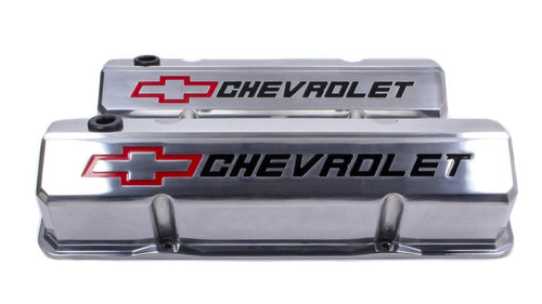 ProForm Slant-Edge Valve Cover, Tall, Baffled, Breather Hole, Recessed Chevrolet Bowtie Logo, Aluminum, Polished, Small Block Chevy, Pair
