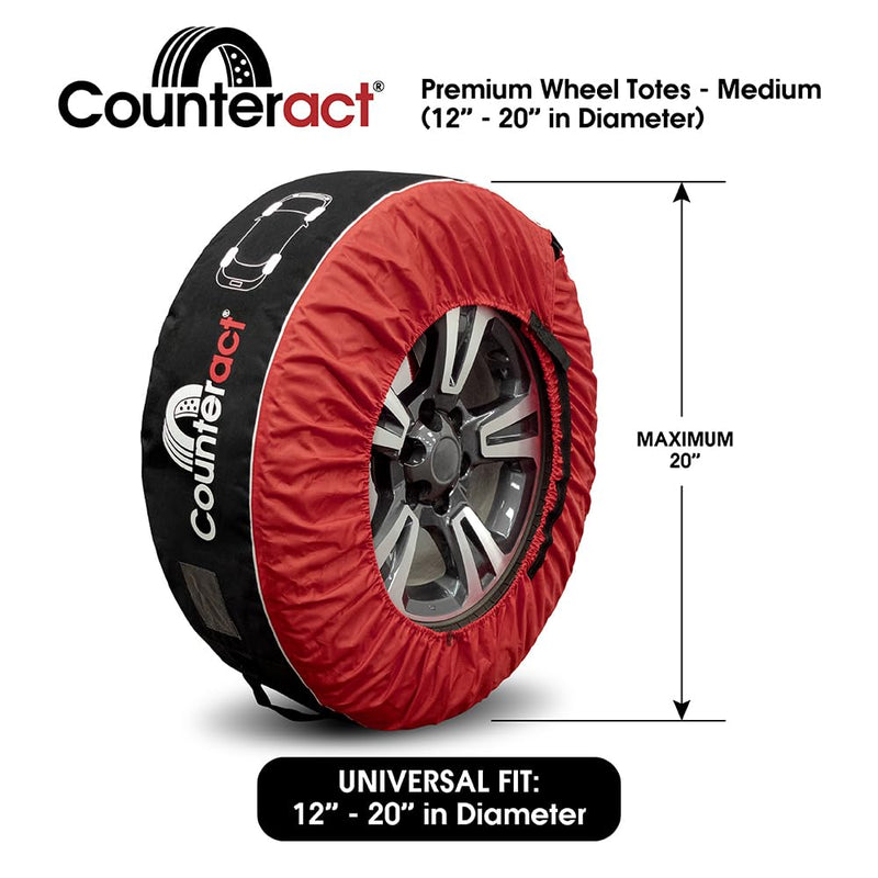 Counteract 4 Pack Tire Cover - Black & Red Oxford Fabric 600D - Size M (12-19") - Ideal RV Tire Covers and Tire Covers for Trailers, Cars, Trucks, SUV - Handlebar, Window Card, Tire Identifying Image