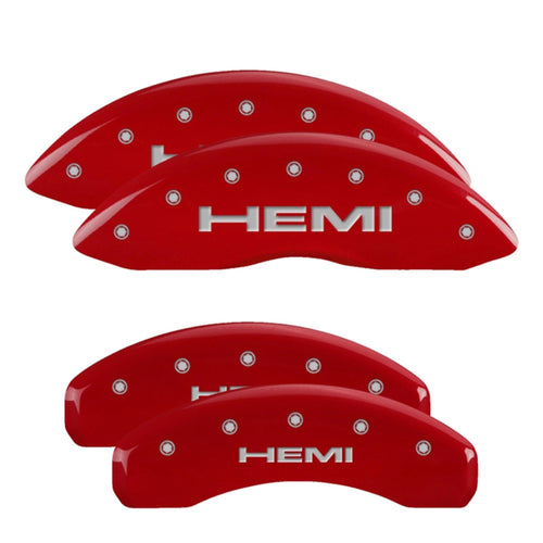 MGP Brake Caliper Covers for RAM 1500 2019-2025 (Requires 18"+ Wheels or Larger) Engraved HEMI Logo, Red Powder-Coated Finish, Aluminum Front and Rear Caliper Covers (Set of 4)