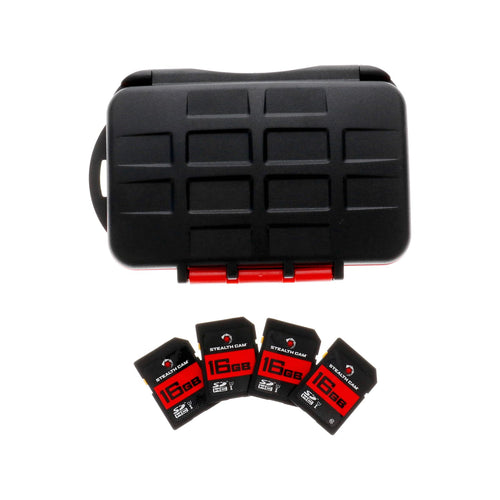 High-Speed Stealth CAM SD Card - Data Transferring Storage Game Trail Hunting Scouting Photo Video Recording Cameras, 16GB SD Card (4 Pack) w/Memory Card Storage Case