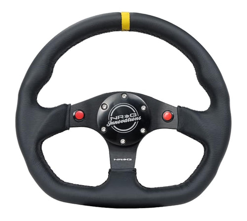 NRG Innovations Reinforced NRG-RST-024D-MB-R-Y Steering Wheel 320mm Sport Leather Dual Push Buttons Flat Bottom with Yellow Center Mark