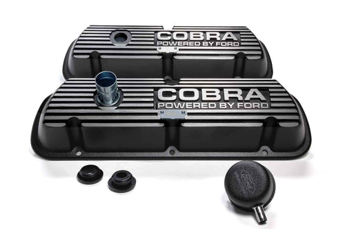 Ford Valve Cover, Baffled, Short, Breather Hole, Breather, Cobra Logo, Aluminum, Black Wrinkle Paint, Small Block Ford, Pair