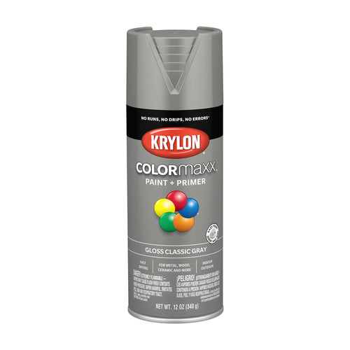 Krylon K05513007 Spray Paint and Primer COLORmaxx for Indoor/Outdoor Use, Gloss Classic Gray, 12 Ounce (Pack of 1)