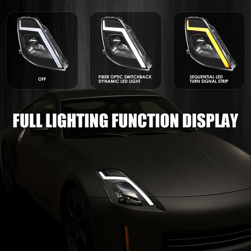 Sequential SPEC-D TUNING Black Projector Switchback Headlights w/LED Strip and Startup Animation Compatible with 2003-2005 Nissan 350Z, Left + Right Pair Headlamp Assembly