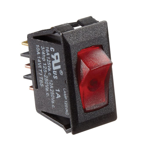 Rocker Switch RV Designer S245, 125 VAC, Illuminated, On/Off, SPST, Black w/Red, DC Electrical