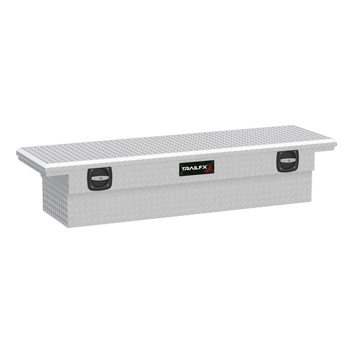 TrailFX Tool Box Low Profile Fits 1987-2025 Ford F-150 Crossover Single Lid Diamond Tread Bright Aluminum 69 Inch Wide 8.4 Cubic Foot Twist Handle TrailFX 120691C