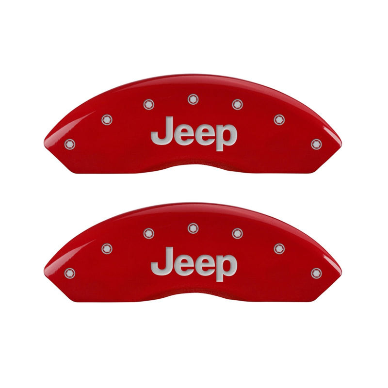 Caliper Covers MGP 42009FJEPRD 'JEEP' Engraved with Red Powder Coat Finish and Silver Characters, (Set of 2)