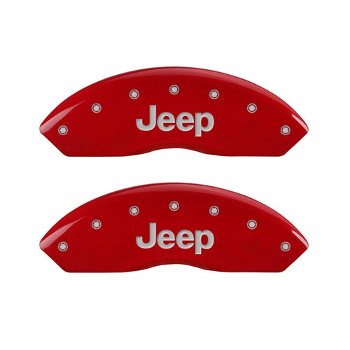 Caliper Covers MGP 42014SJEPRD Red Powder Coat Finish Front and Rear Caliper Cover, Set of 4 (JEEP Silver Characters, Engraved)