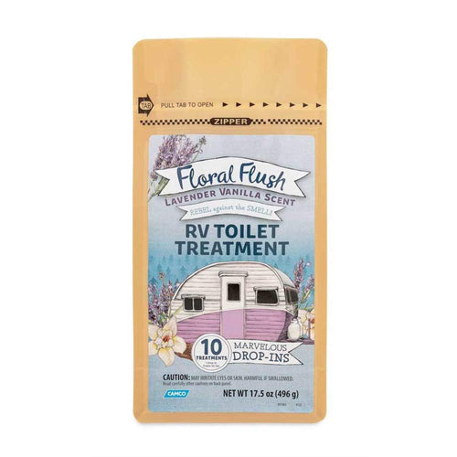 Floral Flush Camco 41490 RV Toilet Treatment Drop-Ins, Lavender Vanilla Scent - Eliminates Odors and Breaks Down Waste - One Drop-in Treats Up to a 40-Gallon Tank - (10) Drop-Ins Per Bag