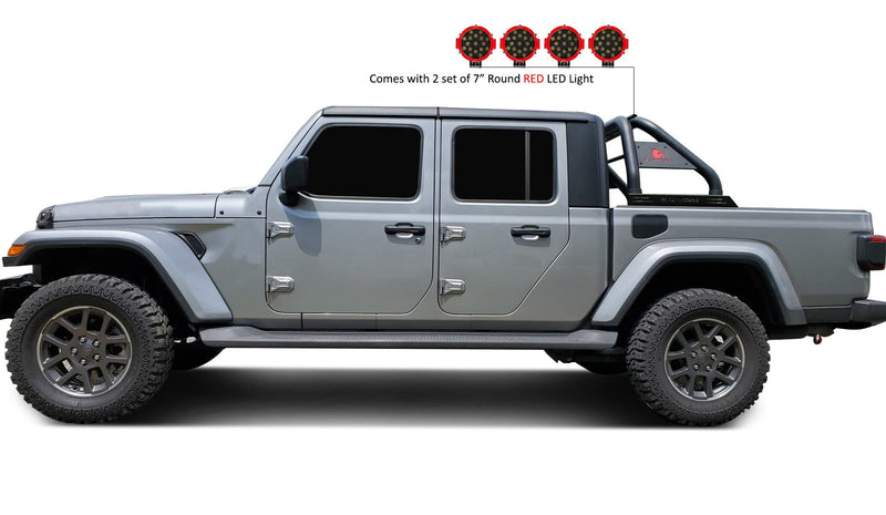 Classic Black Horse Roll Bar Incl. Pair of 7.0" Dia. LED Lights w/Red Trim Rings Compatible with 2020-2024 Jeep Gladiator-RB09BK-PLR