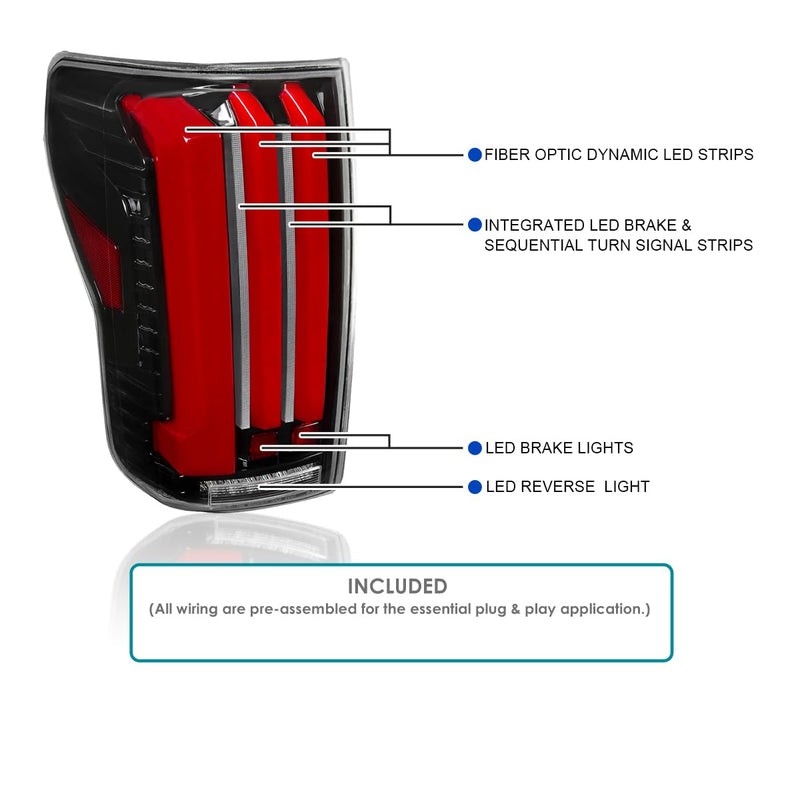 Full LED Sequential Tail Lights SPEC-D TUNING w/Red LED Light Bars and Startup Animation Compatible with 2007-2013 Toyota Tundra, Left + Right Pair Assembly