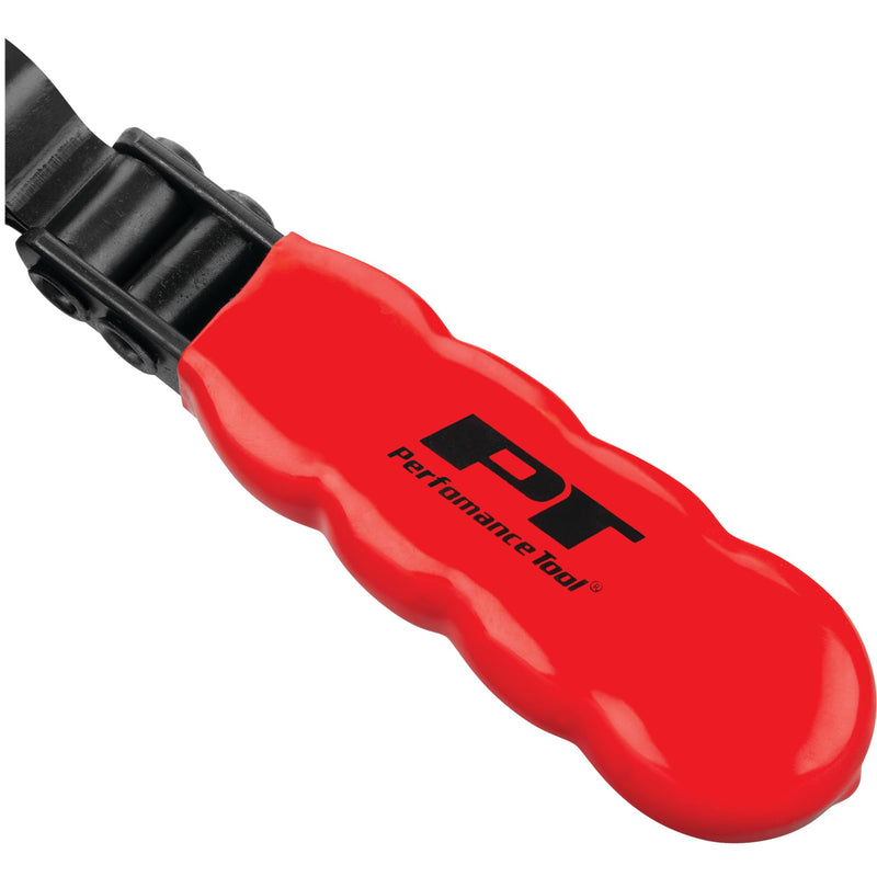 W54134 Performance Tool Oil Filter Wrench, Swivel Handle, Studded Steel Band, 4 in. to 4 3/8 in. (101.5mm to 111mm) Diameter, Black/Red