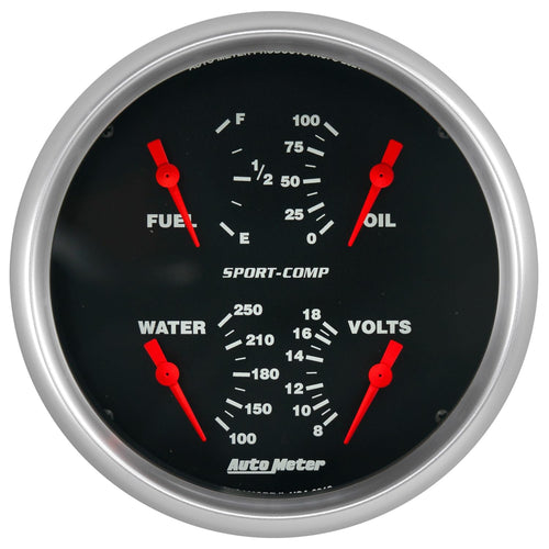 Auto Meter Gauge, 3912 Quad, 5", 240Ωe-33Ωf, Elec, Sport-Comp