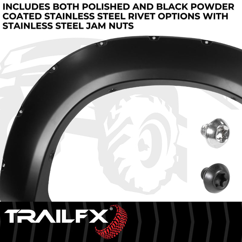 Fender Flares TrailFX for Ford F-250 Super Duty 2011-2016 Pocket Style Black Smooth Paintable Polypropylene Set of 4 Fender Flares with Stainless and Black Steel Rivets TrailFX TFF3005S