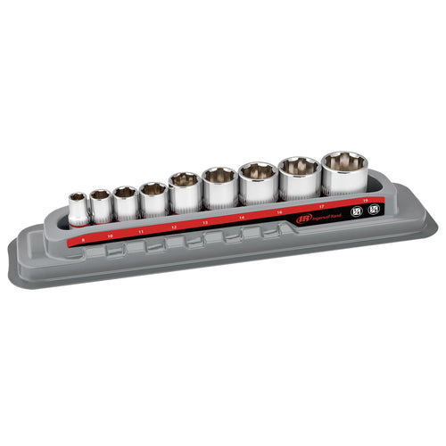 Ingersoll Rand 9 Piece Metric Tech Solutions Non-Slip Socket Set, Sizes: 8-19mm, Patented Twist Design for Tighter Grip as Sockets Turn, with Thermoform Organizer Tray – 752039