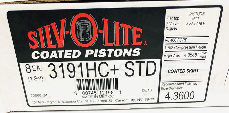 Hypereutectic Silvolite Flat Top Pistons compatible with Ford & Mercruiser 7.5L 460 engines (4.360" STD Bore Diameter)