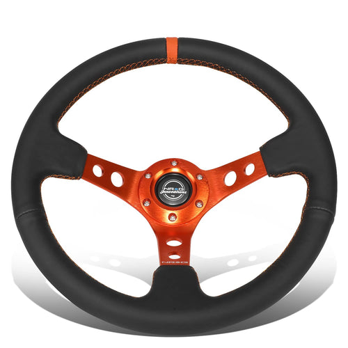 NRG Innovations Reinforced NRG-RST-006OR Steering Wheel 350MM Sport Steering Wheel, Black Leather Orange Center Mark with Orange Stitching and Orange Center Spoke