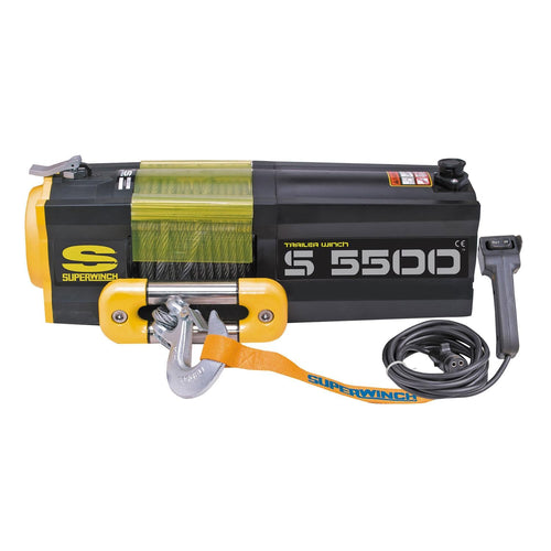 S5500 Superwinch 1455200 Trailer Winch 5500lb(2495kg) Single Line Pull with Roller Fairlead 9/32" x 60' Steel Rope 30.5ft Corded Handheld Remote