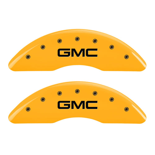 Caliper Covers MGP 34003SGMCYL Yellow (Set of 4, Engraved Front and Rear: GMC, Yellow powder coat finish, black characters)