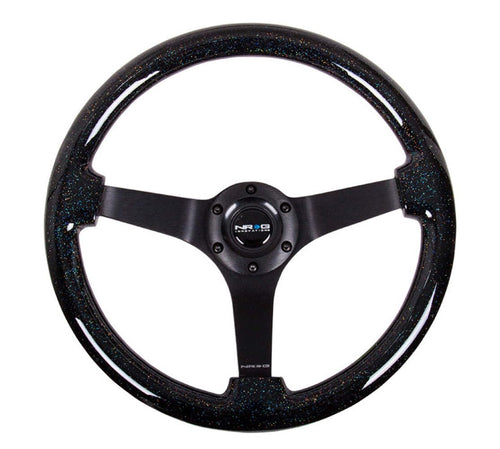 NRG Innovations Reinforced NRG-RST-036BSB-BK Steering Wheel - Classic Black Sparkled Wood Grain Wheel (3" Deep, 4mm), 350mm, 3 Solid Spoke Center in Black