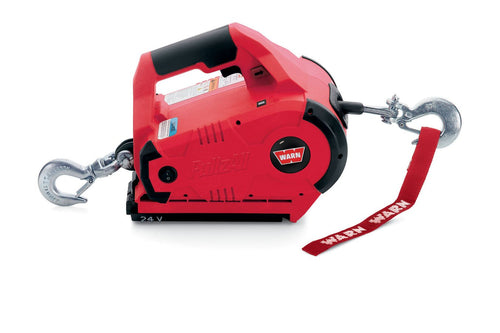 PullzAll WARN 885005 Cordless 24V DC Portable Electric Winch with Steel Cable and 2 Rechargeable Battery Packs: 1/2 Ton (1,000 lb) Pulling Capacity, red