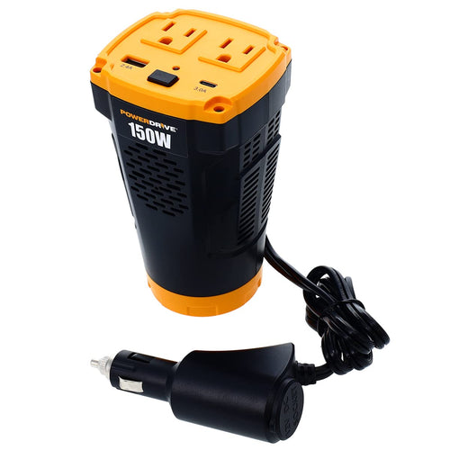 PowerDrive 150W PWD150C Inverter for Cup Holders 12v DC to 110v AC with 2 Outlets and 2 Ports