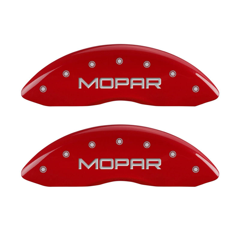 MGP Caliper Covers Front and Rear 32009SMOPRD Red Powder Coat Finish, Set of 4 (MOPAR Silver Characters, Engraved)