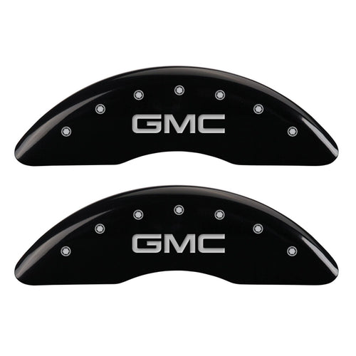 MGP Caliper Covers Front and Rear 34210SGMCBK Black Powder Coat Finish, Set of 4 (GMC Silver Characters, Engraved)
