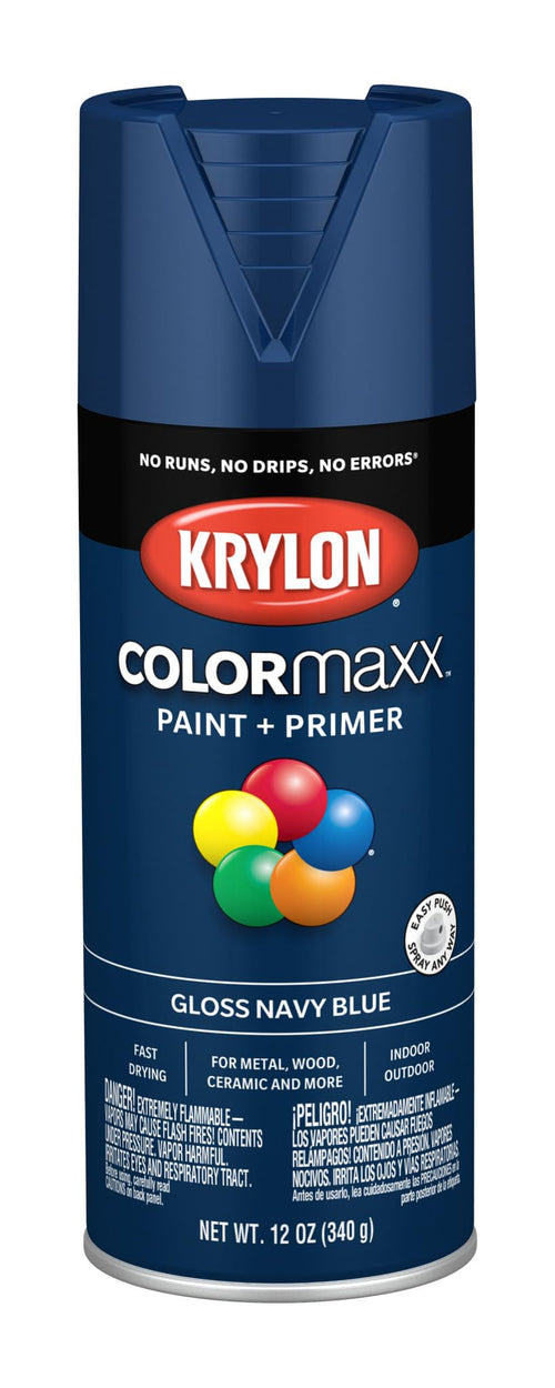 Krylon K05529007 Spray Paint and Primer COLORmaxx for Indoor/Outdoor Use, Gloss Navy Blue 12 Ounce (Pack of 1)