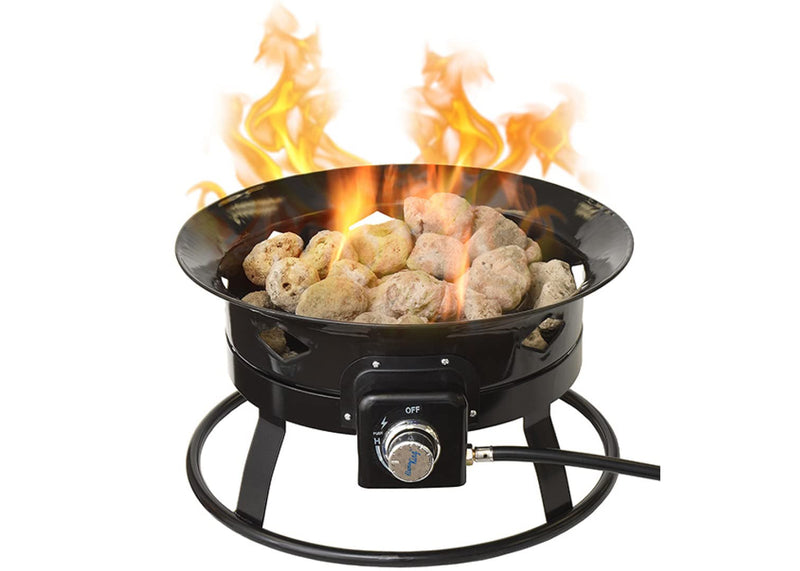 Flame King Portable Outdoor Propane Gas Fire Pit Bowl with Self Igniter, Cover, and Carry Straps for RV, Camping, Backyard