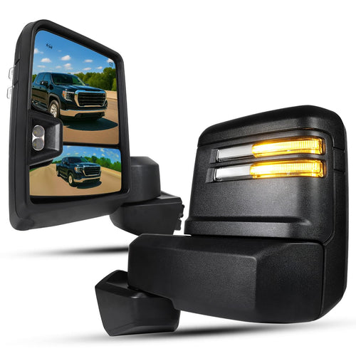 Spec-D Tuning Power Heated Black Tow Mirrors w/LED Signal, Blind Spot Sensor, Temperature Sensor Compatible with 2019-2025 GMC Sierra 1500, Left + Right Pair