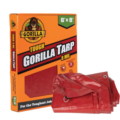 Gorilla Tough Tarp Heavy-Duty 6 ft x 8 ft Waterproof Polyethylene, 8 mil Thick, UV Treated with Reinforced Edges & Aluminum Grommets - Durable Outdoor Tarp for Camping, Gardening, Construction