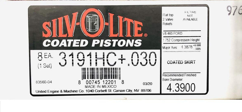 Hypereutectic Silvolite Flat Top +.030" Over Size Pistons compatible with Ford & Mercruiser 7.5L 460 engines (4.390" Bore Diameter)