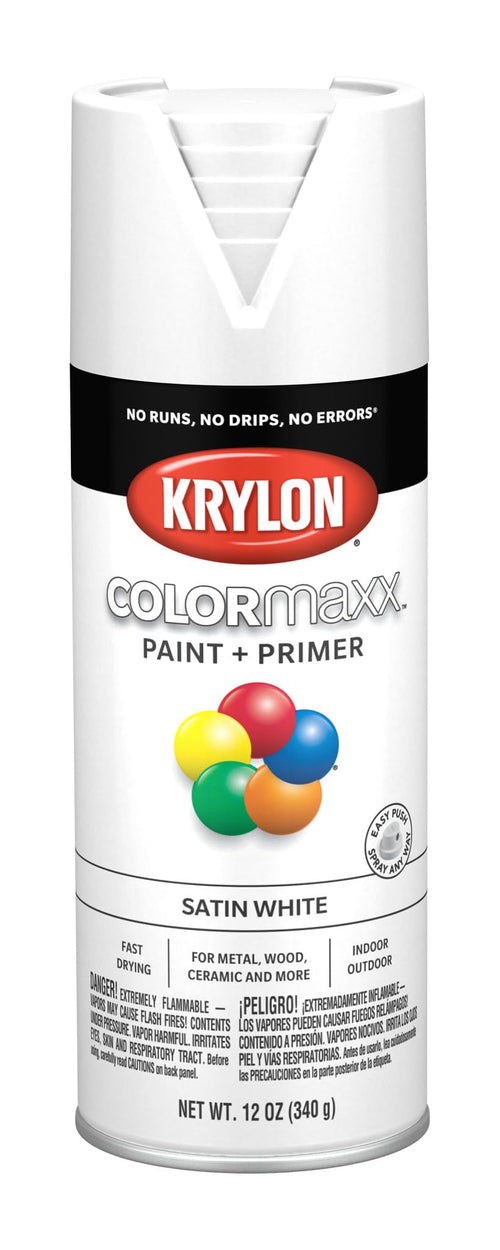 Krylon K05577007 Spray Paint and Primer COLORmaxx for Indoor/Outdoor Use, Satin White, 12 Ounce (Pack of 1)