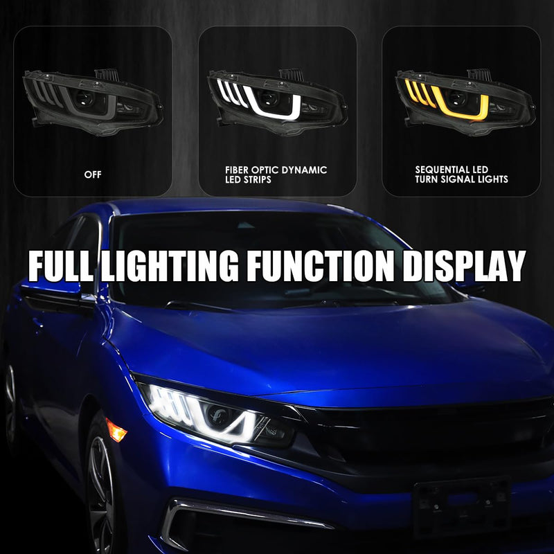 Black Smoke SPEC-D TUNING Full LED Projector Headlights w/Switchback and Sequential Turn Signals Compatible with 2016-2021 Honda Civic with Factory Halogen Headlight Models