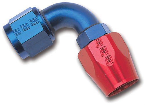 FULL FLOW SWIVEL HOSE END 90 DEG BEND #6 RED/BLUE FINISH BULK PKG OF 25